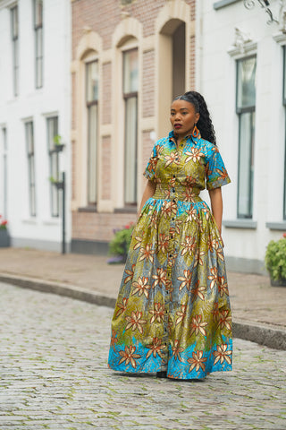 AMIA BLUE AND GOLD MAXI DRESS