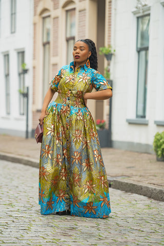AMIA BLUE AND GOLD MAXI DRESS