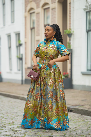 AMIA BLUE AND GOLD MAXI DRESS