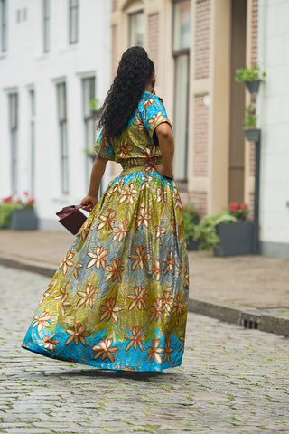 AMIA BLUE AND GOLD MAXI DRESS