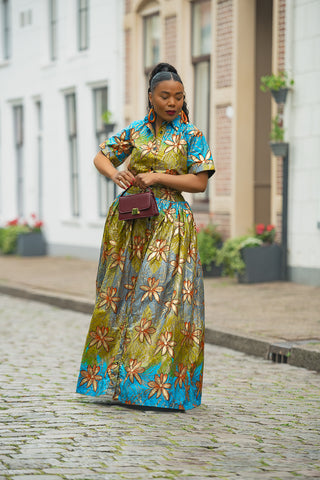 AMIA BLUE AND GOLD MAXI DRESS