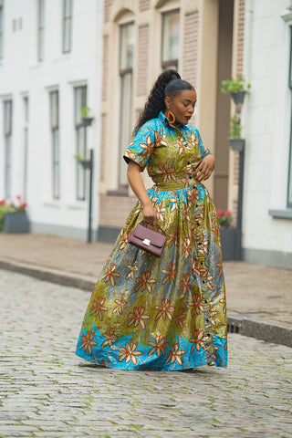 AMIA BLUE AND GOLD MAXI DRESS
