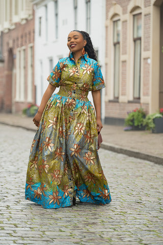 AMIA BLUE AND GOLD MAXI DRESS