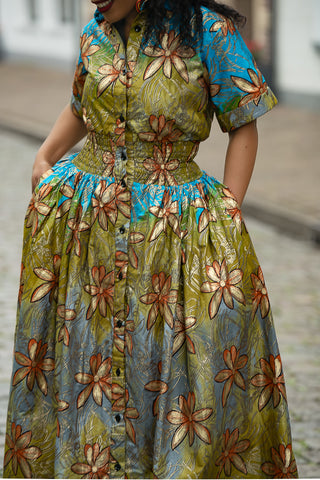 AMIA BLUE AND GOLD MAXI DRESS