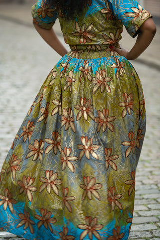 AMIA BLUE AND GOLD MAXI DRESS