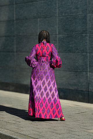 Heritage Clothings Leona Purple Dress – back view,  Ankara print