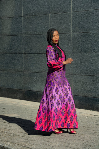 Leona purple African print Midaxi dress- side view, worn by model