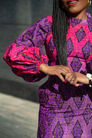 Close-up of hand-woven Ankara cotton fabric used in Leona purple Dress by Heritage Clothings
