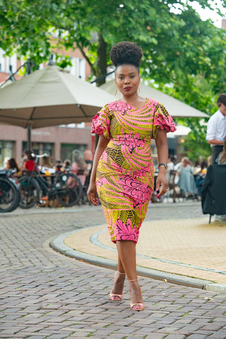 HILDA MIDI PINK AND YELLOW DRESS