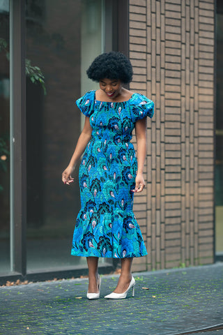Nomfundo Blue Midi Smocked Dress