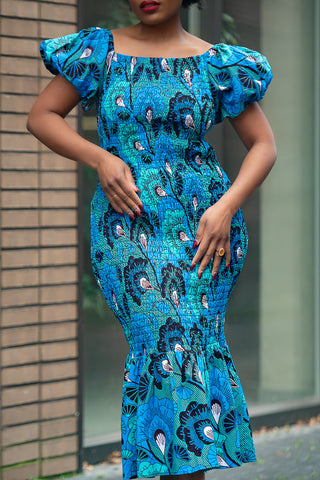 Nomfundo Blue Midi Smocked Dress