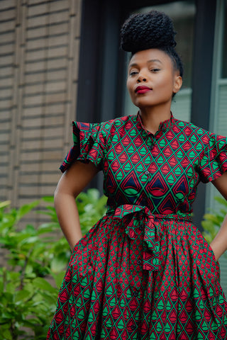 Lanre Green And Red Midi Dress. Dresses