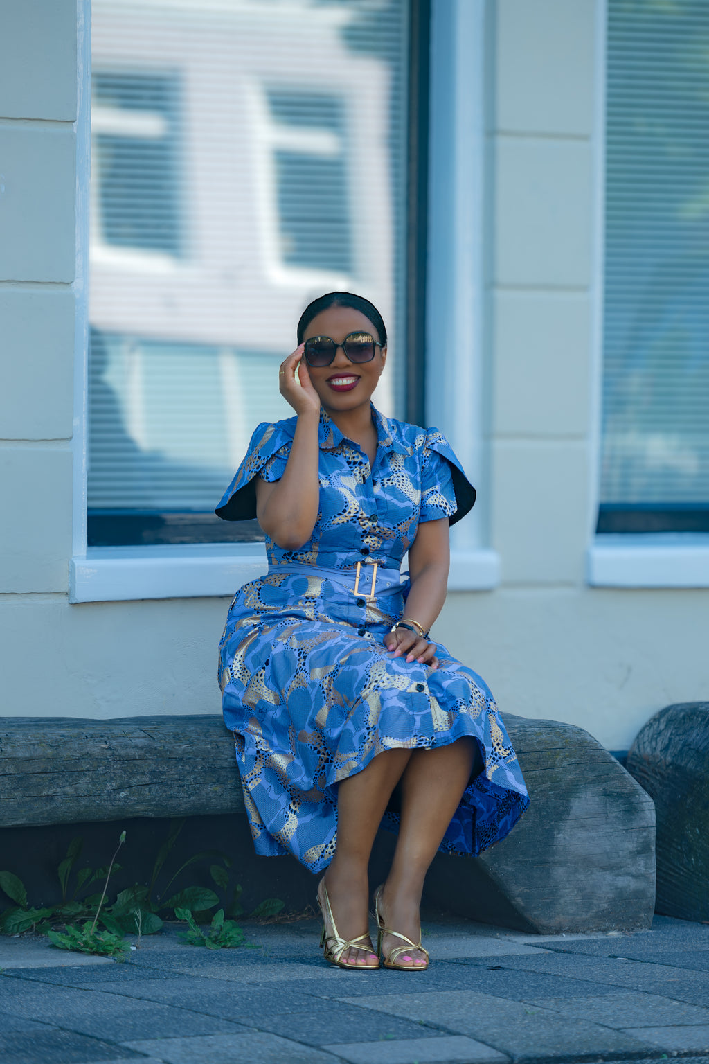 Elara Blue and Gold African Print Dress