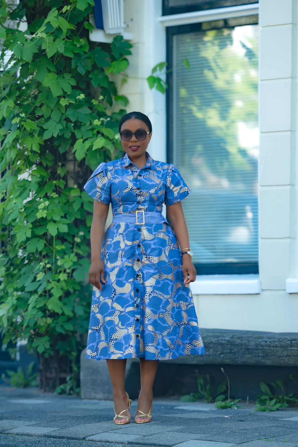 Elara Blue and Gold African Print Dress