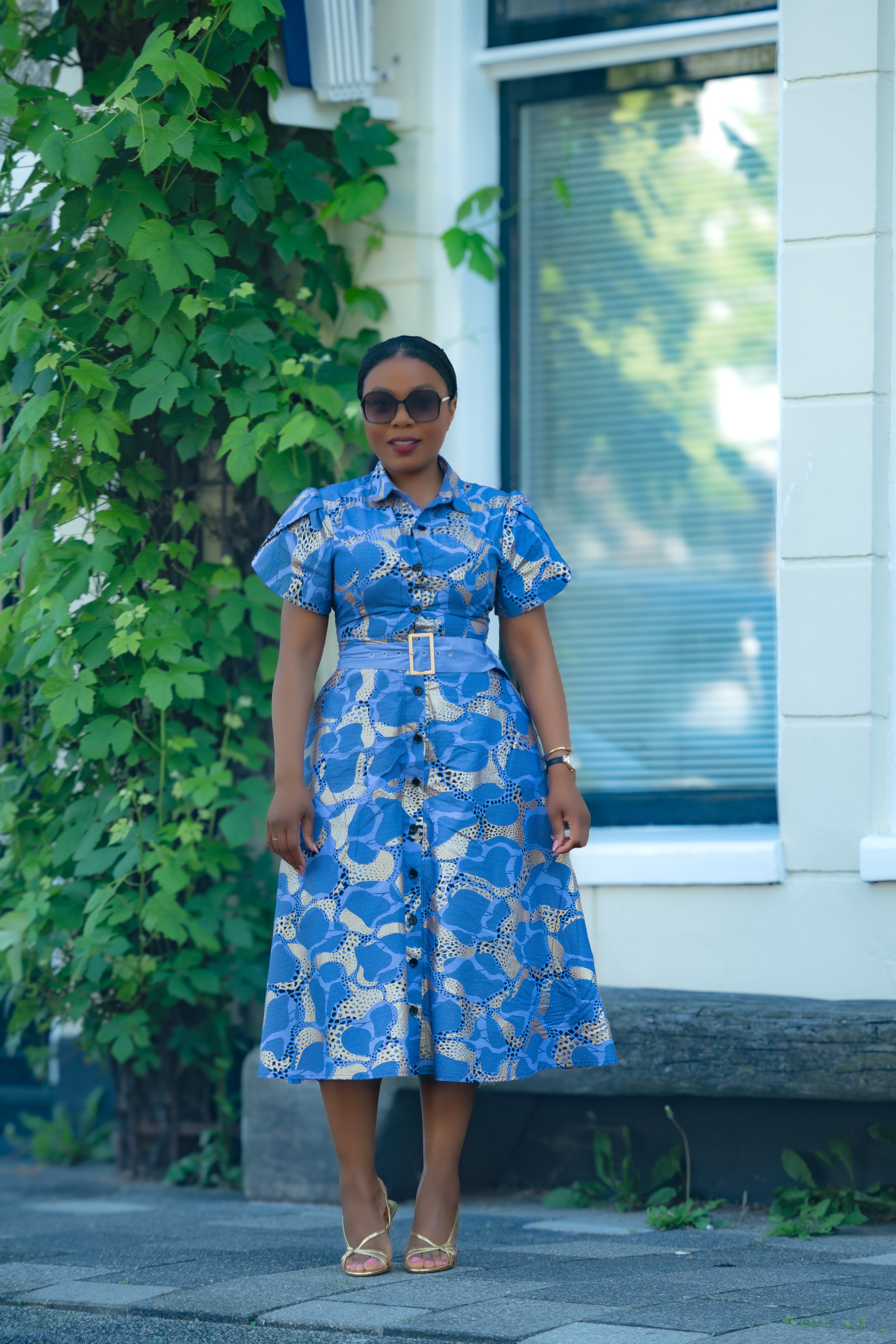 Elara Blue and Gold African Print Dress