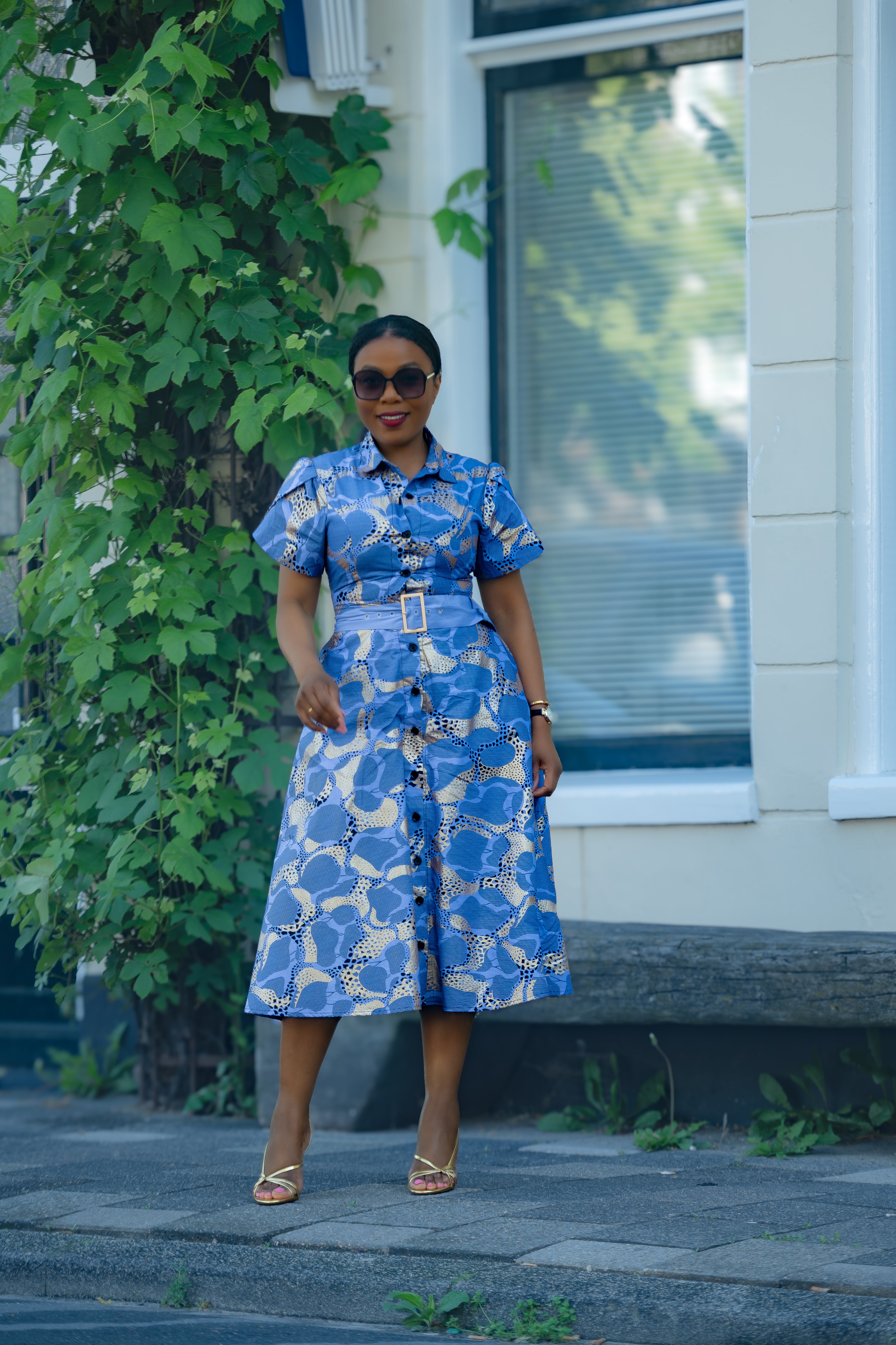 Elara Blue and Gold African Print Dress