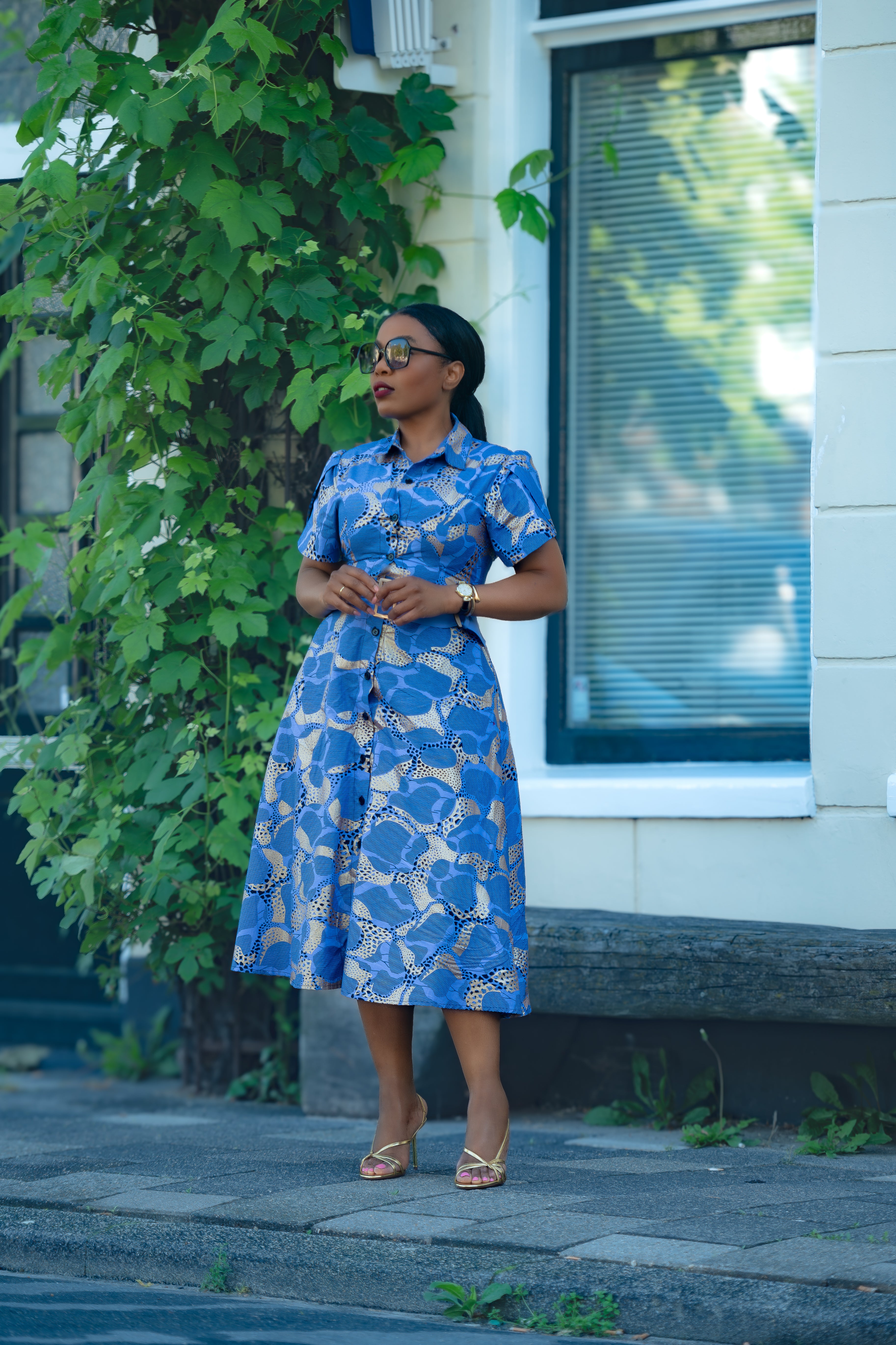 Elara Blue and Gold African Print Dress