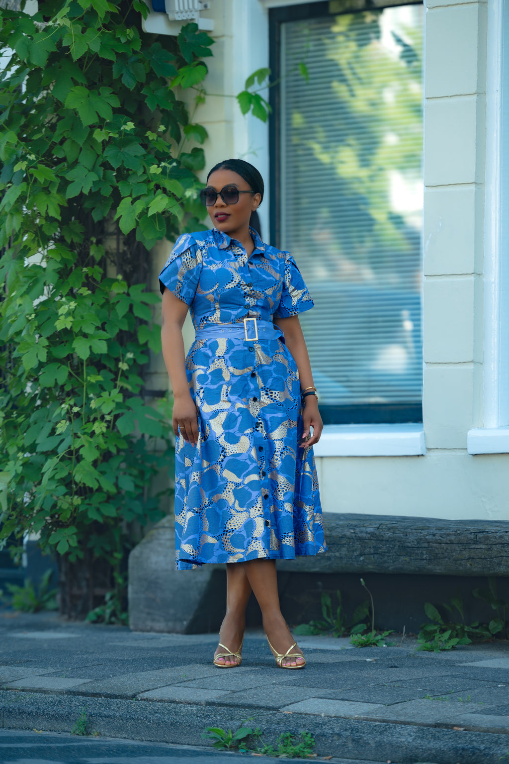 Elara Blue and Gold African Print Dress
