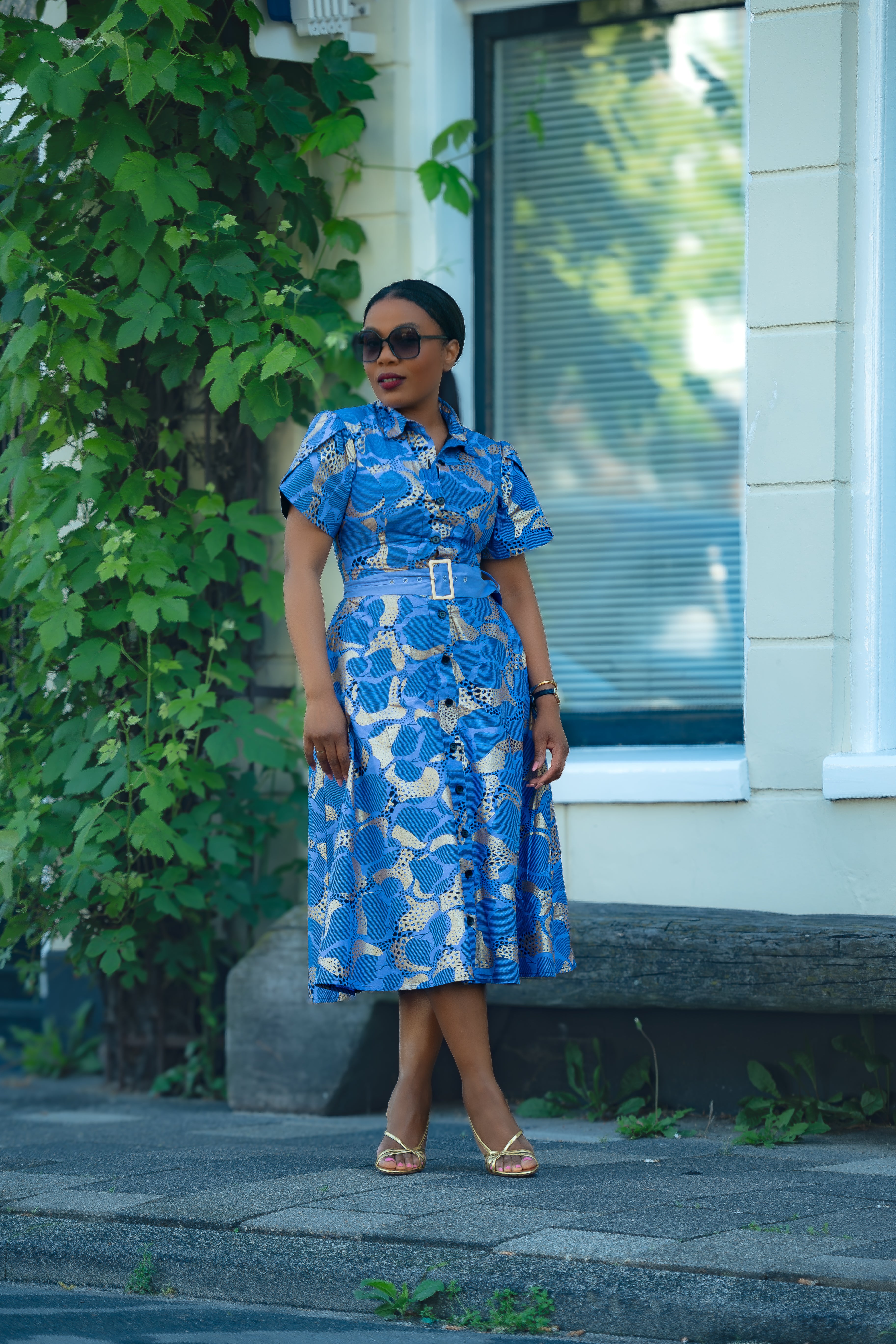 Elara Blue and Gold African Print Dress