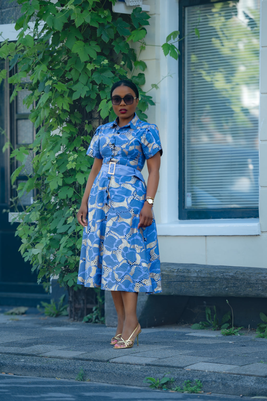 Elara Blue and Gold African Print Dress