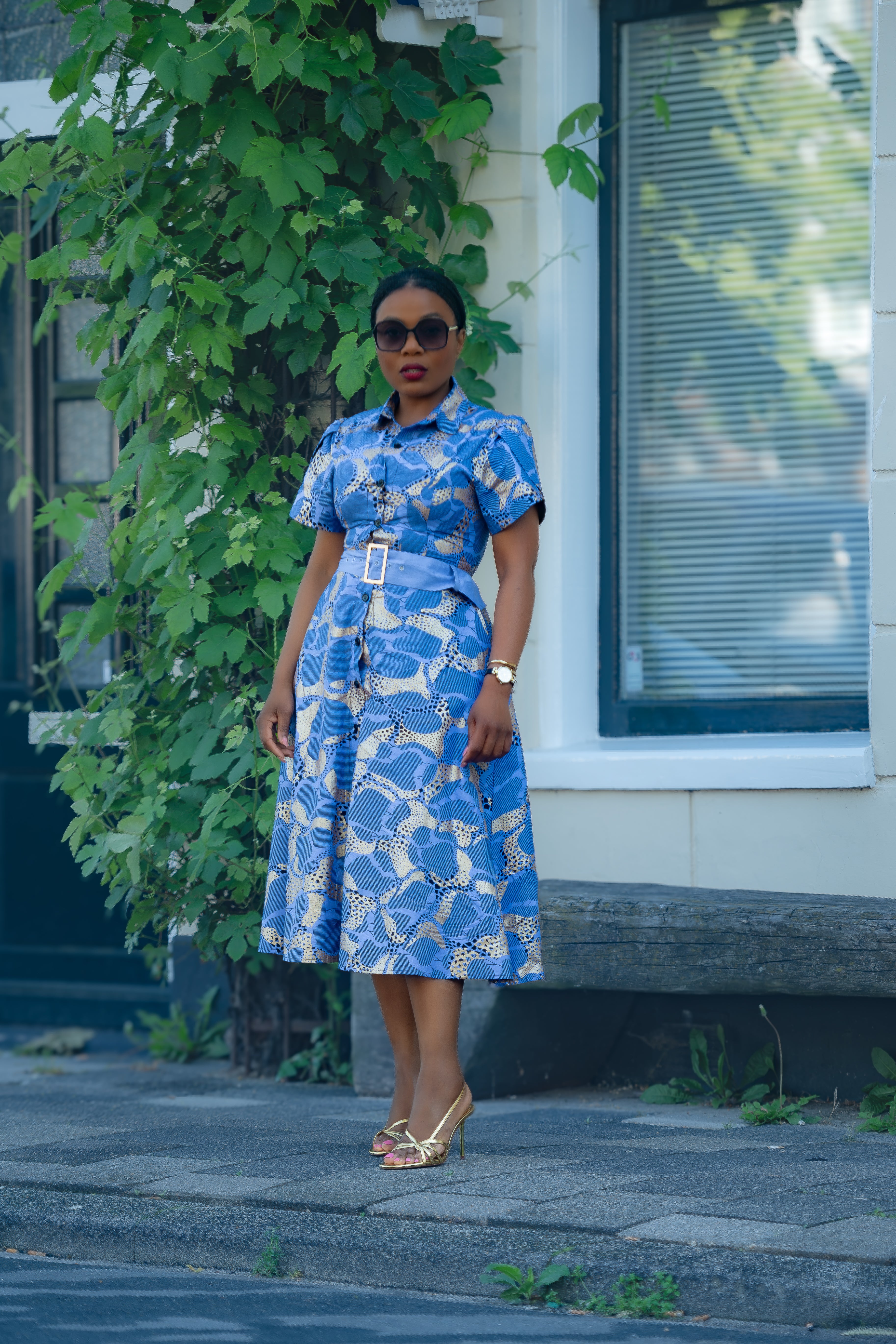 Elara Blue and Gold African Print Dress