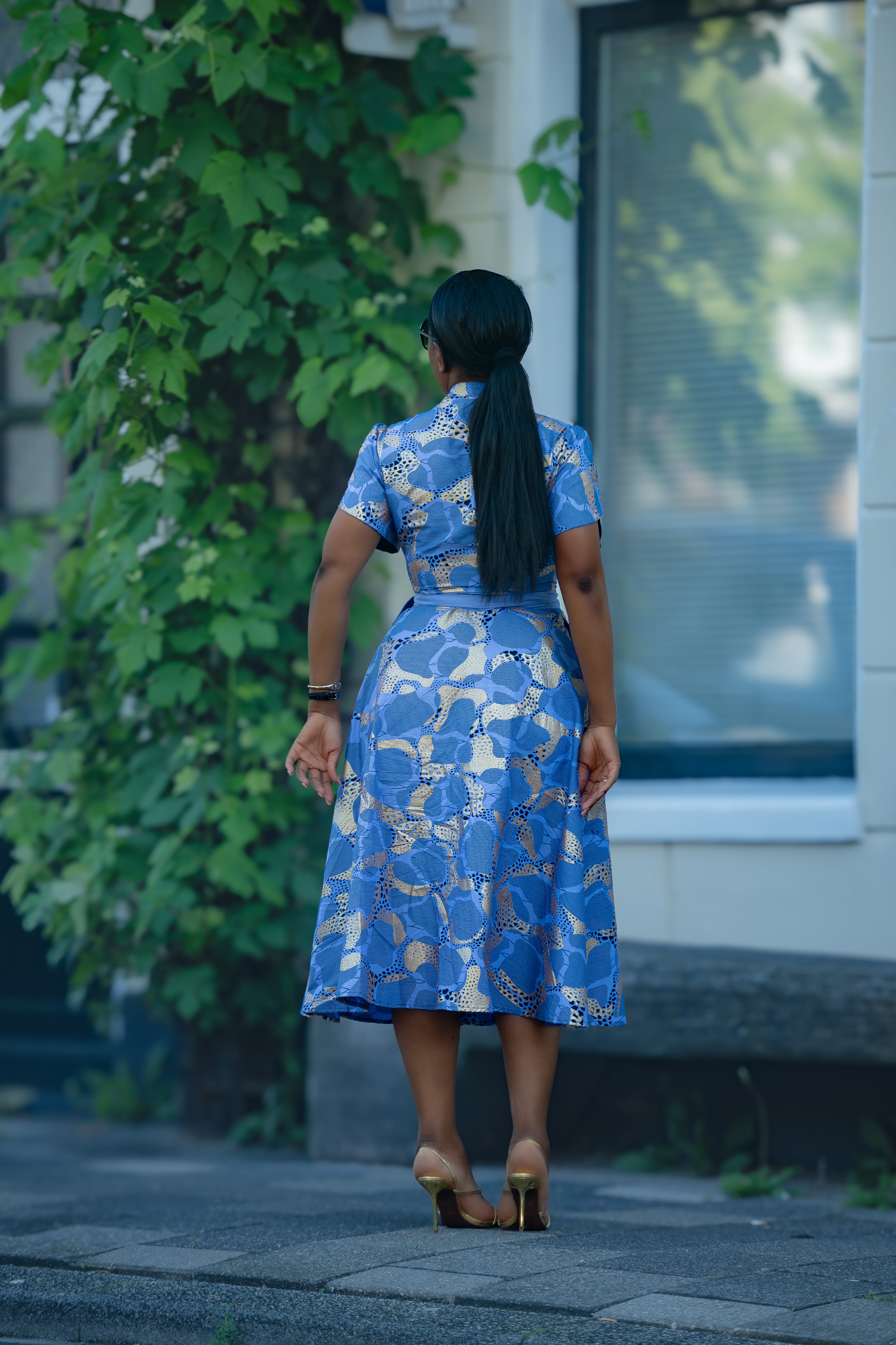 Elara Blue and Gold African Print Dress