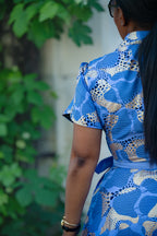 Elara Blue and Gold African Print Dress