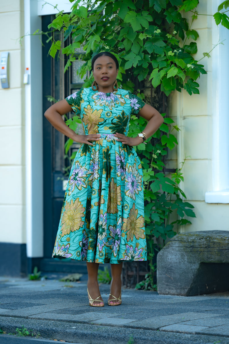 Marisol Mint Green and Gold Floral Dress