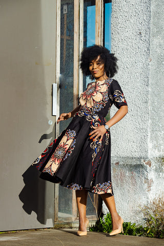 OLUCHI BLACK AND RED FLORAL MIDI DRESS