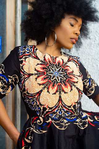 OLUCHI BLACK AND RED FLORAL MIDI DRESS