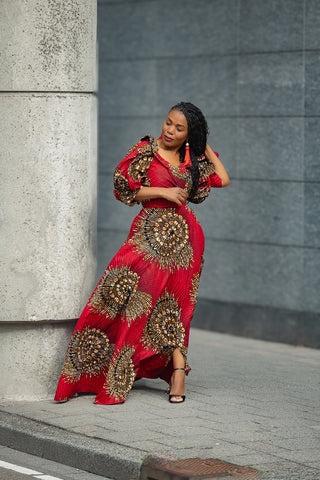 ANAN RED AND BROWN OFF SHOULDER MAXI DRESS