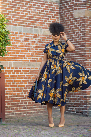 Thandiwe Navy Blue And Brown Midi Dress Dresses
