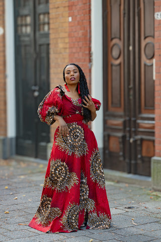 ANAN RED AND BROWN OFF SHOULDER MAXI DRESS