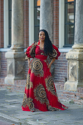 ANAN RED AND BROWN OFF SHOULDER MAXI DRESS