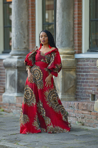 ANAN RED AND BROWN OFF SHOULDER MAXI DRESS