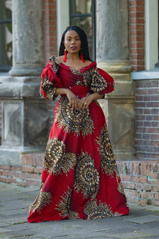 ANAN RED AND BROWN OFF SHOULDER MAXI DRESS