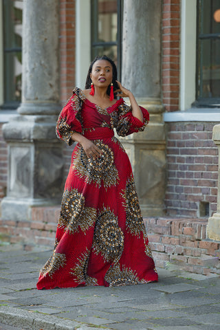 ANAN RED AND BROWN OFF SHOULDER MAXI DRESS