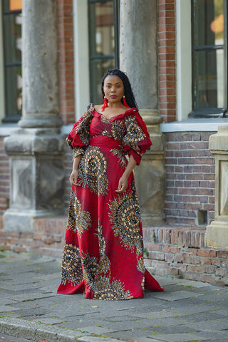 ANAN RED AND BROWN OFF SHOULDER MAXI DRESS