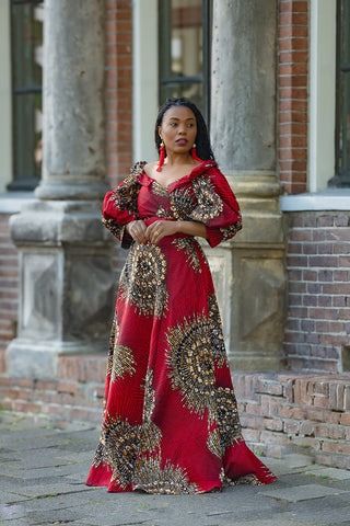 ANAN RED AND BROWN OFF SHOULDER MAXI DRESS