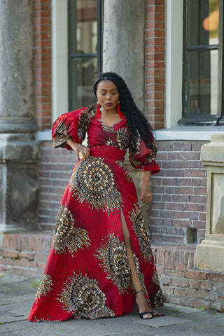 ANAN RED AND BROWN OFF SHOULDER MAXI DRESS