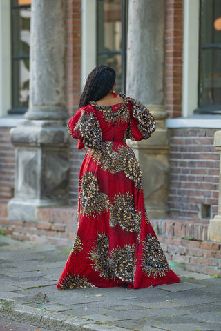 ANAN RED AND BROWN OFF SHOULDER MAXI DRESS