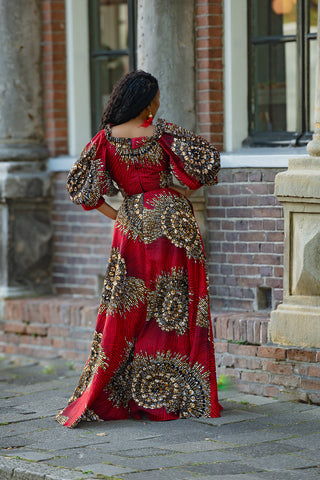 ANAN RED AND BROWN OFF SHOULDER MAXI DRESS