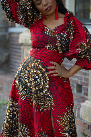 ANAN RED AND BROWN OFF SHOULDER MAXI DRESS