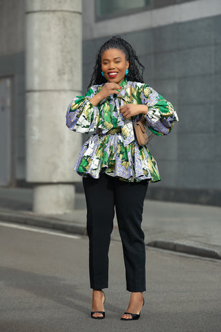 RHONDA GREEN AND GOLD PEPLUM TOP