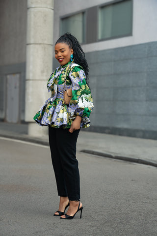 RHONDA GREEN AND GOLD PEPLUM TOP