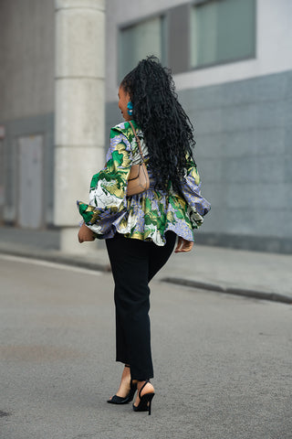 RHONDA GREEN AND GOLD PEPLUM TOP
