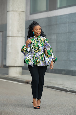 RHONDA GREEN AND GOLD PEPLUM TOP