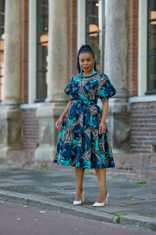 NEFERTITI BLUE AND BROWN MIDI DRESS