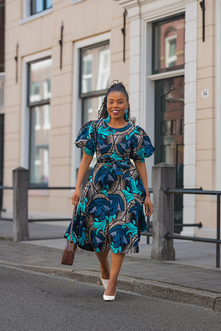 NEFERTITI BLUE AND BROWN MIDI DRESS