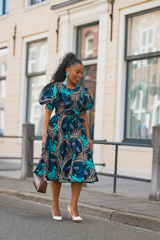 NEFERTITI BLUE AND BROWN MIDI DRESS
